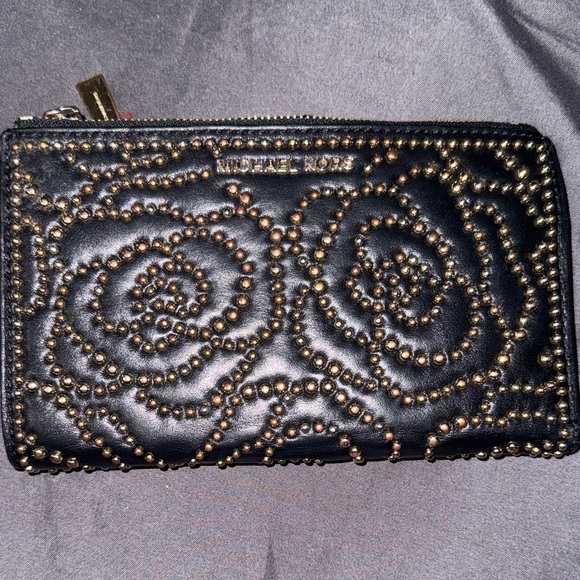 Michael Kors Handbags - Michael Kors Black Leather Zip Wallet with Gold Stud Detail